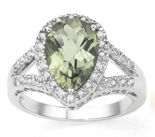 PEAR SHAPE GREEN AMEHTYST W/32 PCS GENUINE DIAMONDS STERLING SILVER RING