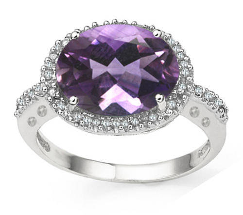 SPARKLING! 3.27 CT GENUINE AMETHYST W/ 28 PCS DIAMONDS STERLING SILVER W/ PLATINUM RING
