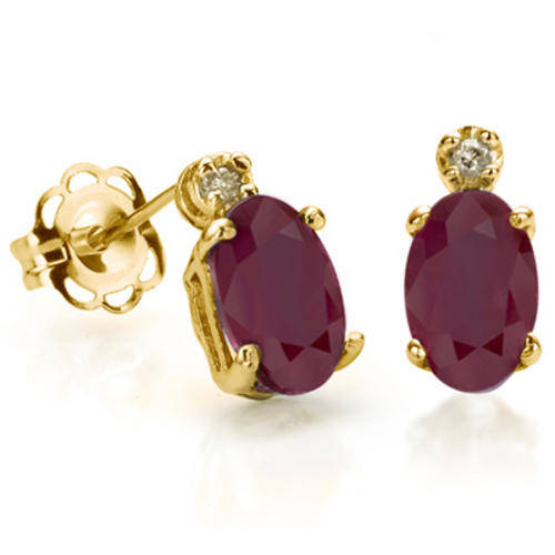 SUPERIOR 1.13 CT GENUINE RUBY & 2PCS WHITE DIAMOND 9K SOLID YELLOW GOLD EARRINGS