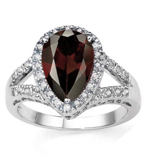 PEAR SHAPE GARNET W/32 PCS GENUINE DIAMONDS 925 STERLING SILVER RING