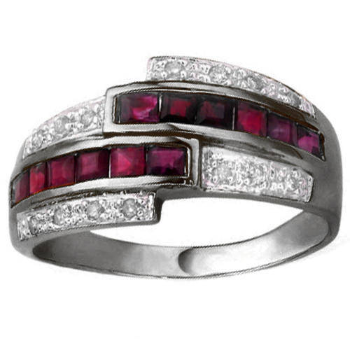 CLASSIC CHANNEL SET 12 PCS RUBY & 2 PCS WHITE DIAMONDS 0.925 STERLING SILVER W/ PLATINUM RING