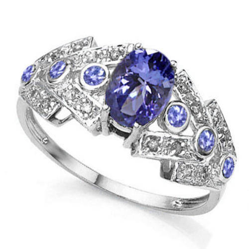 DAZZLING 1.30 CT GENUINE TANZANITE & 16 PCS WHITE DIAMOND 10K SOLID WHITE GOLD RING