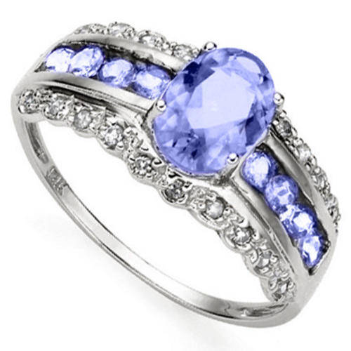 LOVELY 20 PCS WHITE DIAMOND & 5*7MM GENUINE TANZANITE IN 10K SOLID WHITE GOLD RING