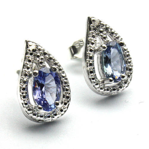 STUNNING DOUBLE 6X4MM GENUINE TANZANITE & WHITE DIAMOND 0.925 STERLING SILVER W/ PLATINUM EARRINGS