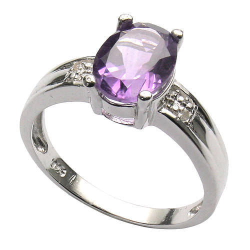 PRECIOUS 7x9 MM OVAL 1.7 CT AMETHYST & 2 PCS WHITE DIAMOND IN 0.925 STERLING SILVER W/ PLATINUM RING