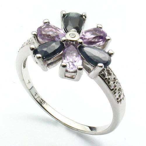 FLOWERY 3 PAIRS OF 3X5MM AMETHYST & SAPPHIRE, 1PC WHITE DIAMOND IN 0.925 STERLING SILVER RING SIZE 7