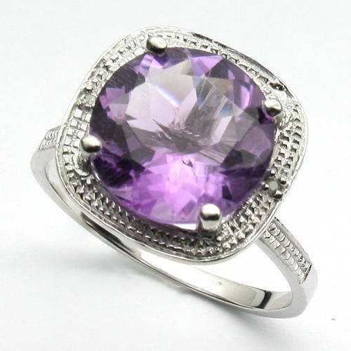 4.12 CT 11MM AMETHYST & 2 PCS WHITE DIAMOND 0.925 STERLING SILVER W/ PLATINUM RING