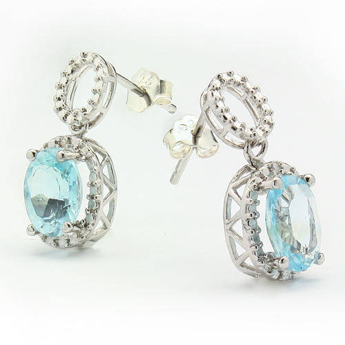 CHARMING 2.82 CARAT BLUE TOPAZ & 2 PCS WHITE DIAMOND 0.925 STERLING SILVER W/ PLATINUM EARRINGS