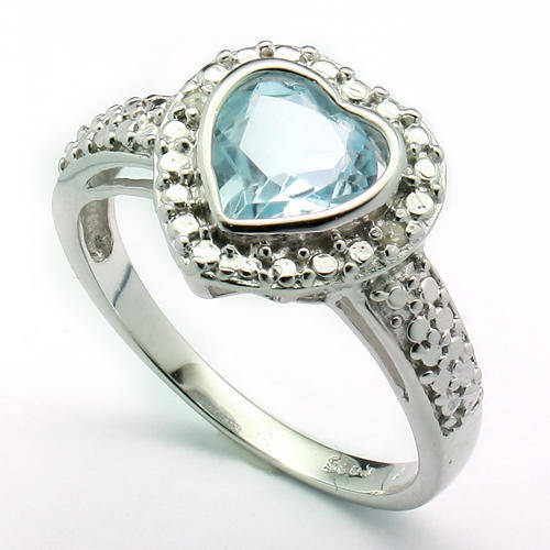 7MM HEART SHAPE BLUE TOPAZ AND 2 PCS DIAMOND 925 SILVER RING