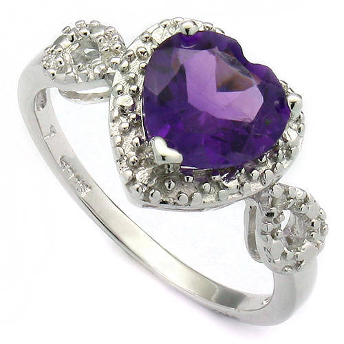 LOVELY HEART 8MM AMETHYST & 2 PCS WHITE DIAMONDS 0.925 STERLING SILVER RING