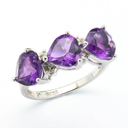 ROMANTIC 2.5CT 3PCS AMETHYST & 2 PCS WHITE DIAMOND IN 0.925 STERLING SILVER W/ PLATINUM RING SIZE 7