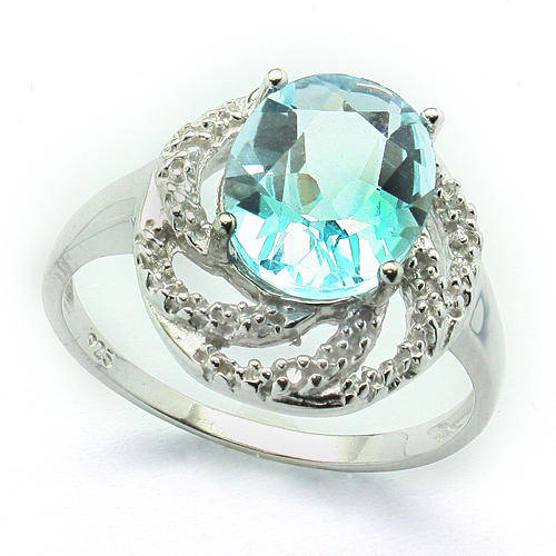 NEW 10X8MM 3.16CT BLUE TOPAZ & 2 PCS WHITE DIAMOND 0.925 STERLING SILVER W/ PLATINUM RING