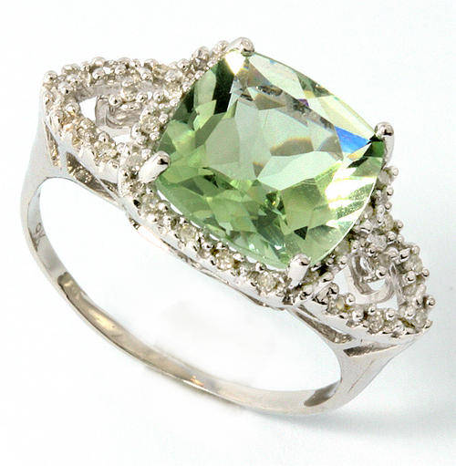 NEW! 9KT SOLID WHITE GOLD GENUINE GREEN AMETHYST AND DIAMOND RING