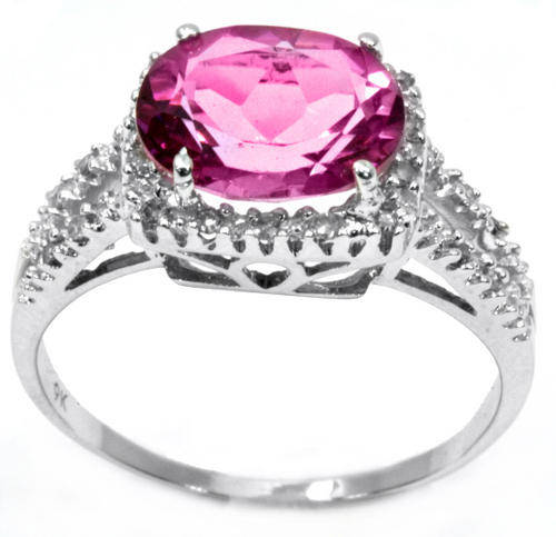 FINE SOLID 9KT WHITE GOLD 2.82CT PINK TOPAZ & DIAMOND RING