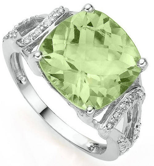 SOLID 9KT WHITE GOLD GENUINE GREEN AMETHYST AND DIAMOND RING