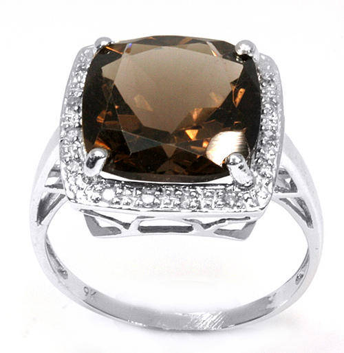 TOP QUALITY SOLID 9KT WHITE GOLD GENUINE SMOCKY QUARTZ & DIAMOND RING