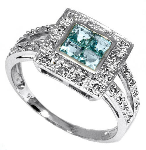 RARE 9KT WHITE GOLD GENUINE BLUE TOPAZ AND DIAMOND RING