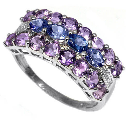 RARE 9KT WHITE GOLD GENUINE TANZANITE & AMETHYST RING