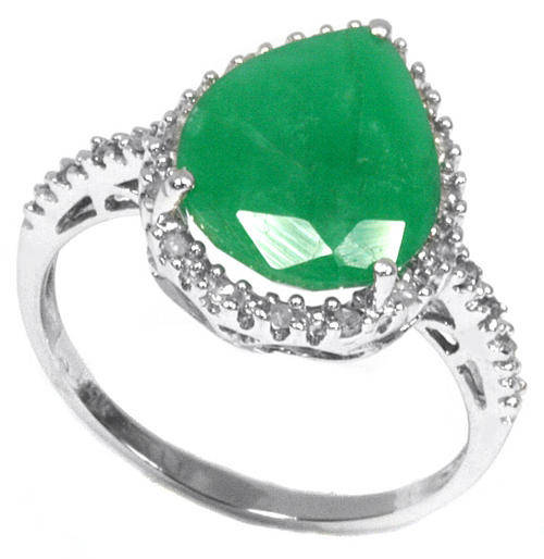 LOVELY SOLID 9K WHITE GOLD TEAR CUT GENUINE EMERALD & DIAMOND RING