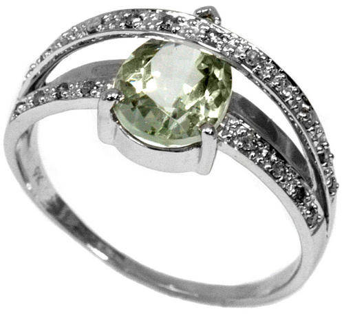 SOLID 9K WHITE GOLD TEAR CUT GENUINE GREEN AMETHYST AND DIAMOND RING