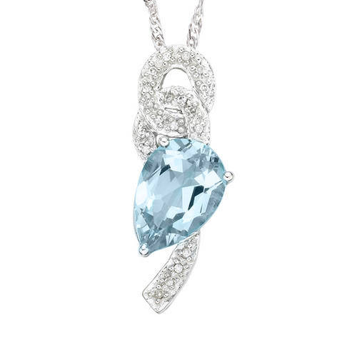 FINE GENUINE AQUAMARINE AND DIAMOND PENDANT IN SOLID 9KT WHITE GOLD