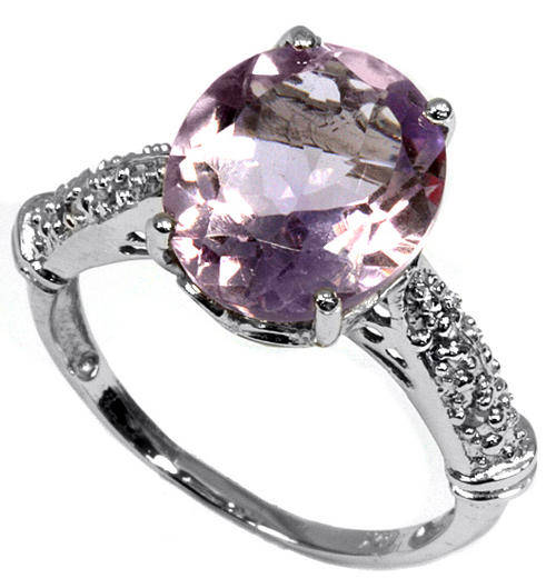 SOLID 9KT WHITE GOLD OVAL PINK AMETHSYT & DIAMOND RING