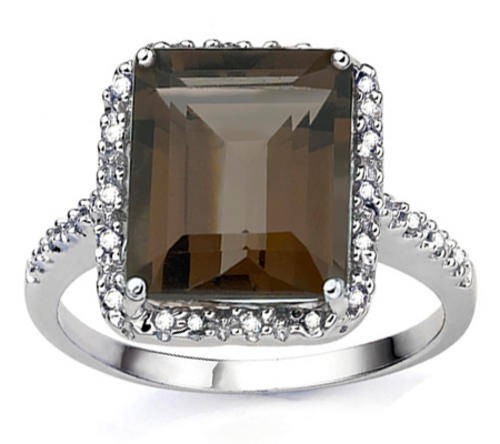 FINE SOLID 925 STERLING SILVER 4CT REAL SMOKEY TOPAZ & DIAMOND RING