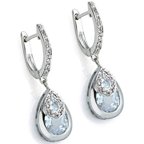 GENUINE AQUAMARINE AND DIAMOND EARRINGS 925 STERLING SILVER
