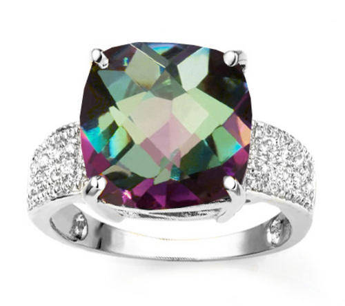 HUGE! 7.42 CT MYSTIC TOPAZ W/16 PCS GENUINE DIAMONDS STERLING SILVER RING
