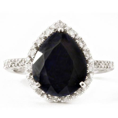 SOLID 9K WHITE GOLD TEAR CUT GENUINE BLACK SAPPHIRE & DIAMOND RING