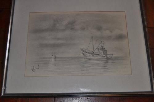 FANTASTIC PENCIL DRAWING-HARBOR  AND SHIP,SIGNED BY ARTIST