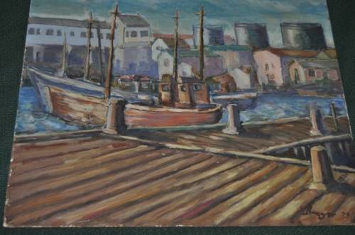 HELEN BREGER(1918-2013) OIL ON BOARD,HARBOUR ,IMPRESSION