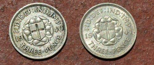 1940 AND 1941 3 PENCE GREAT BRITAIN COINS,SILVER 0.500