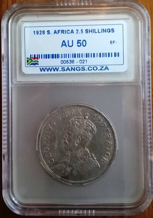 SA 1928 SILVER TWO AND A HALF SHILLINGS SANGS GRADED AU 50  HERNS VALUE IN EF/AU R20 000.00