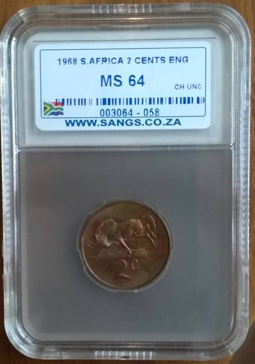 1968 RSA ENGLISH 2 CENT SANGS SLABBED MS 64
