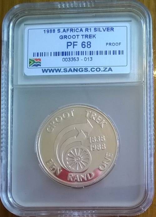 1988 RSA SILVER GROOT TREK (1838-1988) R1 SANGS SLABBED PROOF 68  HIGH GRADE!!!!!!!