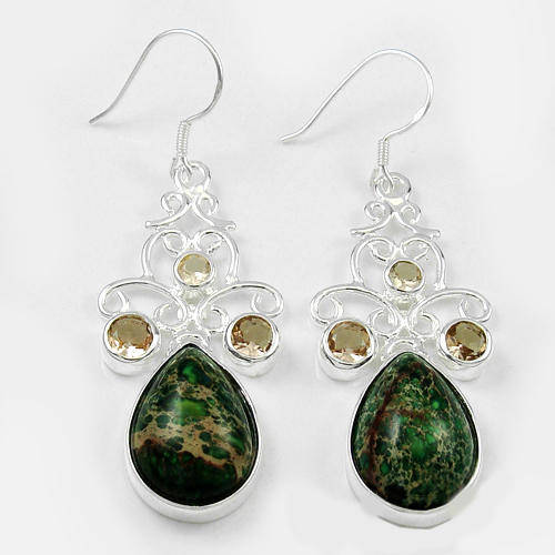 BEAUTIFUL FASHION JASPER AND MORGANITE GEMSTONE EARRINGS - 925 SILVER