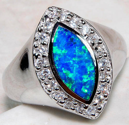 Elegant Australian Opal, White Topaz & 925 Solid Sterling Silver Ring Size 8
