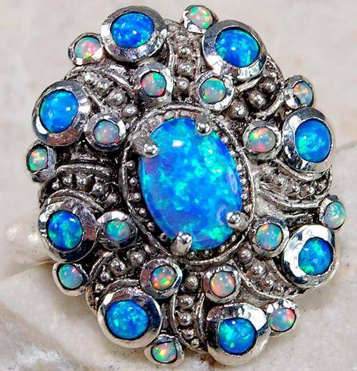 BLUE FIRE OPAL & 925 SOLID STERLING SILVER filigree ring, size 6.75