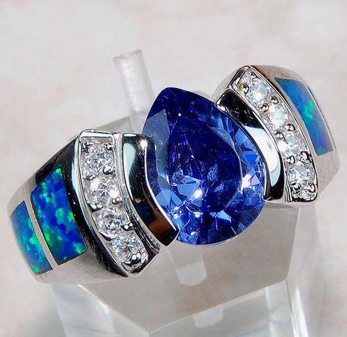 TANZANITE, Australian Opal, White Topaz & 925 SOLID STERLING SILVER Ring Size 9