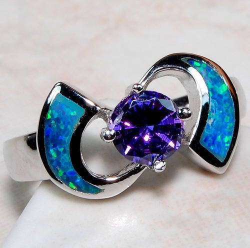 Amethyst, Australian Opal & 925 Solid Sterling Silver Ring Size 8