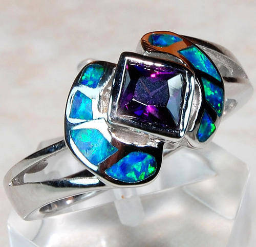 Amethyst, Australian Opal & 925 Solid Sterling Silver Ring Size 6