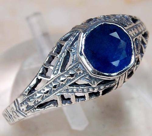NATURAL SAPPHIRE & 925 SOLID STERLING SILVER filigree ring, size 5.5.