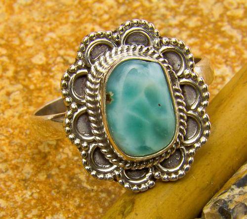 NATURAL RARE LARIMAR 925 STERLING SILVER RING SIZE 7.5