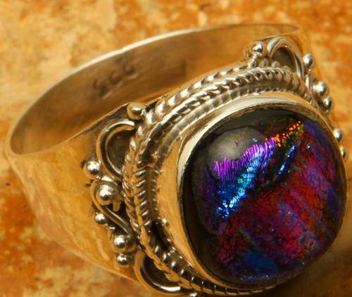 NATURAL DICHROIC GLASS STERLING SILVER RING SIZE 7 1/2