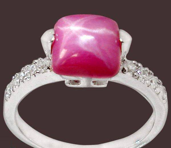 PINK STAR RUBY PRONG SET 6 RAY & WHITE TOPAZ STERLING SILVER RING SIZE 7 3/4