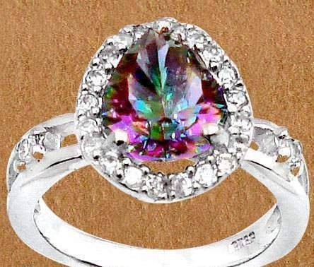 RAINBOW WHITE TOPAZ PEAR CUT 925 STERLING SILVER RING size 7 1/4