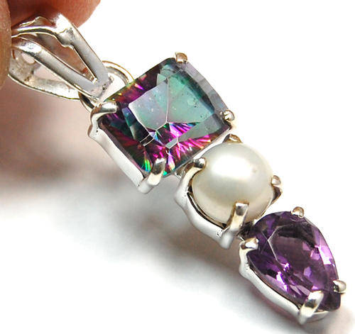RAINBOW TOPAZ, AMETHYST, PEARL .925 STERLING SILVER PENDANT