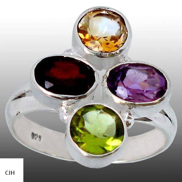 RED GARNET AMETHYST OVAL CITRINE AND PERIDOT .925 STERLING SILVER RING size 7 1/2