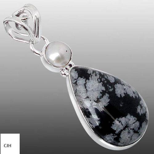 BLACK OBSIDIAN GEMSTONE, PEARL .925 STERLING SILVER PENDANT